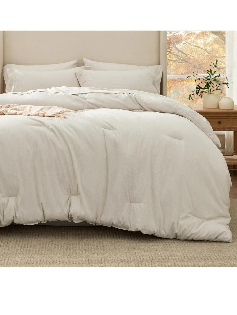 Bedsure Full Size Comforter Set Beige - Bed in a Bag 7 Pieces, Cationic Dyed